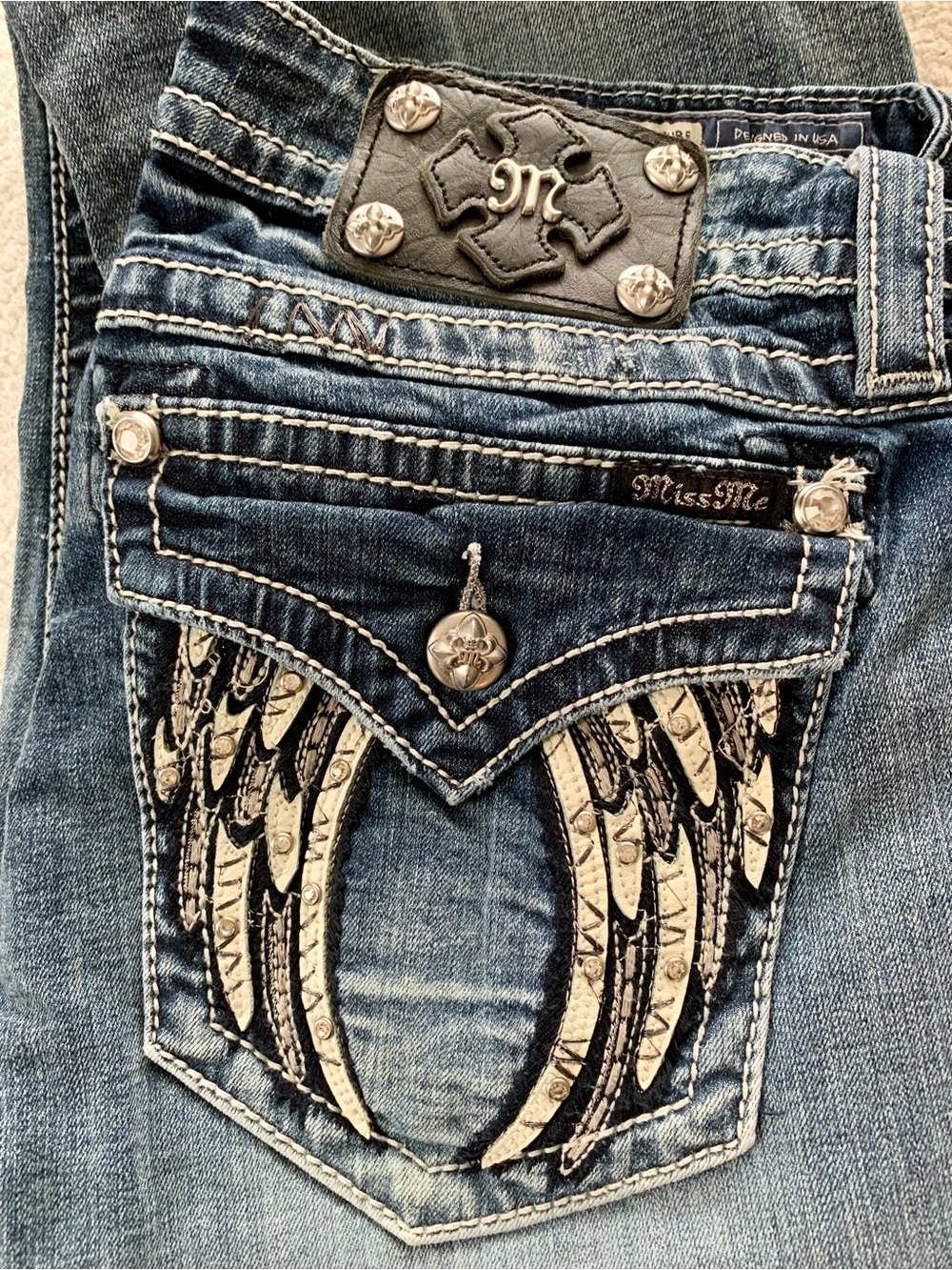 Miss Me Blue Denim Bootcut Jeans with Embroidered Wing Pockets